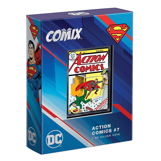 COMIX™ – Action Comics #7 1oz Silver Coin  Featuring Custom Packaging with Display Window and Certificate of Authenticity Sticker.