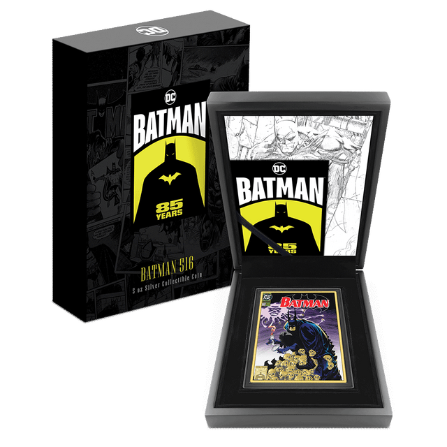 BATMAN™ 85 Years – Batman 516 5oz Silver Collectible Coin - With Custom Wooden Display Box and Outer Box Featuring brand imagery. 