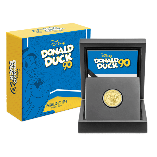 Disney Donald Duck 90th - Established 1934 1/4oz Gold Coin With Custom Wooden Display Box and Outer Box Featuring brand imagery. 