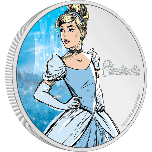 The design displays Disney’s Cinderella in a fashion illustration style with her castle behind, using colours that evoke her signature palette.&nbsp; Her name is engraved with a frosted finish, offset by a dreamy, mirrored background. Stamped on the obverse is the King Charles III effigy, confirming it’s legal tender.