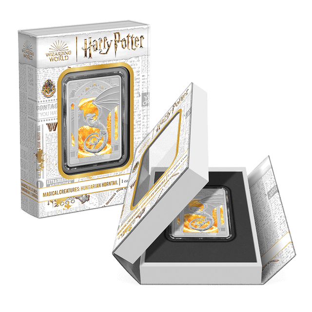 HARRY POTTER™ Magical Creatures – Hungarian Horntail 1oz Silver Coin  Featuring Custom Book-style Packaging with Display Window and Certificate of Authenticity Sticker.