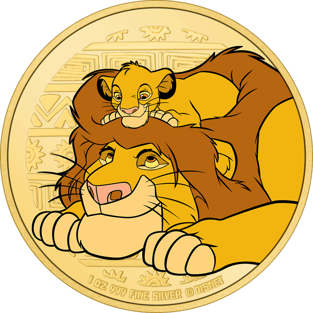 Disney The Lion King 30th Anniversary – Mufasa & Simba 1oz Silver Gilded Coin - Flat View.