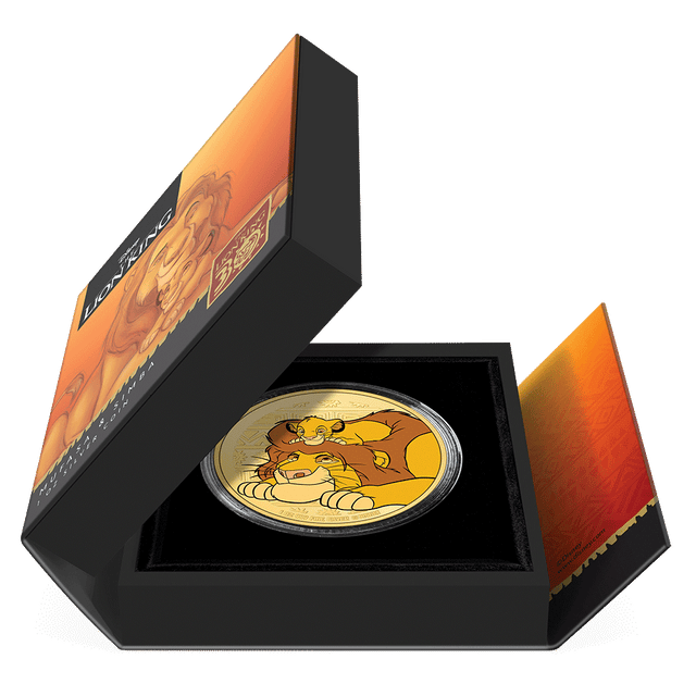 Disney The Lion King 30th Anniversary – Mufasa & Simba 1oz Silver Gilded Coin Featuring Book-style Packaging With Custom Velvet Insert to House the Coin. 