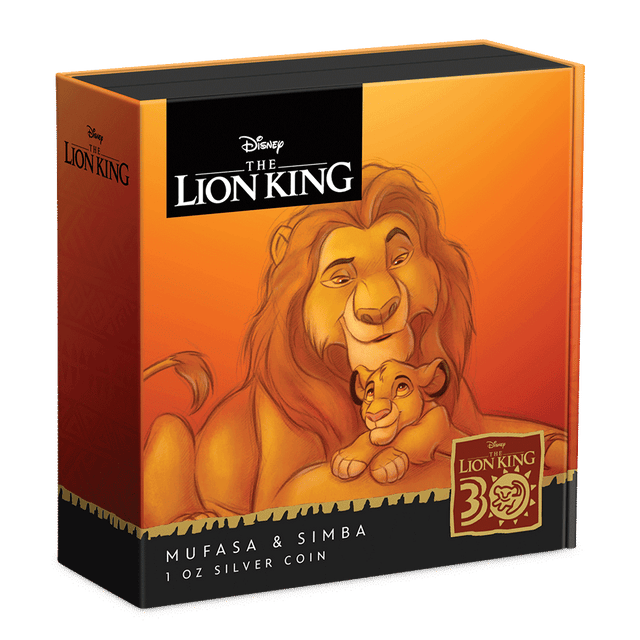 Disney The Lion King 30th Anniversary – Mufasa & Simba 1oz Silver Gilded Coin Featuring Custom Book-style Outer With Brand Imagery.