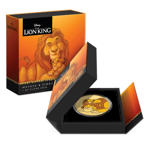 Disney The Lion King 30th Anniversary – Mufasa & Simba 1oz Silver Gilded Coin Featuring Custom-designed Book-style Packaging with Coin Insert and Certificate of Authenticity.