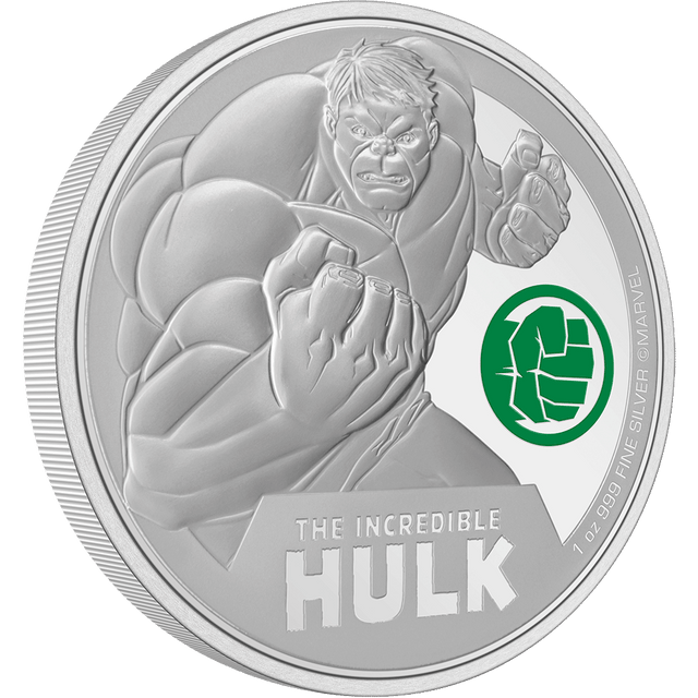 Limited mintage of 5,000 coins. Features an engraving of Hulk, with his emblem in colour beside. Texture, using sandblasting, and relief contrast with the mirror-finish background.