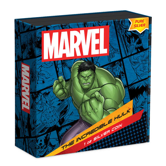 Marvel The Incredible Hulk 1oz Silver Coin  Featuring Custom Book-style Outer With Brand Imagery.