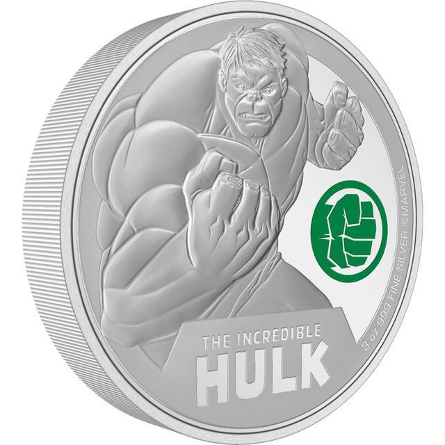 Features an engraving of the hero ready to Hulk out. On the side is his emblem in colour. The mirror-finish background gleams in the light and contrasts with the relief and texture, using sandblasting.
