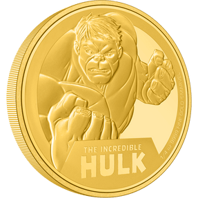1/4oz pure gold with a limited mintage of 500 coins. Finely minted masterpiece highlights an engraved image of Hulk. His name stands out in a mirror-finish, contrasting with the relief and texture, using sandblasting.