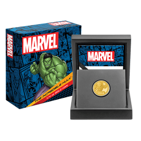 Marvel The Incredible Hulk 1/4oz Gold Coin  With Custom Wooden Display Box and Outer Box Featuring Brand Imagery and Certificate of Authenticity.
