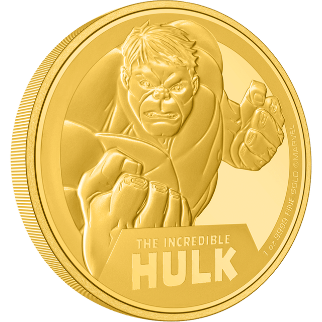1oz pure gold with a limited mintage of 250 coins. Finely minted masterpiece highlights an engraved image of Hulk. His name stands out in a mirror-finish, contrasting with the relief and texture, using sandblasting.