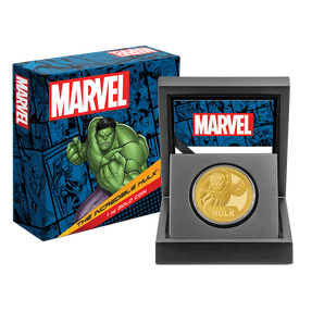 Marvel The Incredible Hulk 1oz Gold Coin With Custom Wooden Display Box and Outer Box Featuring Brand Imagery and Certificate of Authenticity.