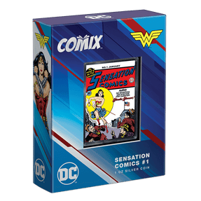 COMIX™ – Sensation Comics #1 1oz Silver Coin Featuring Custom Packaging with Display Window and Certificate of Authenticity Sticker. 
