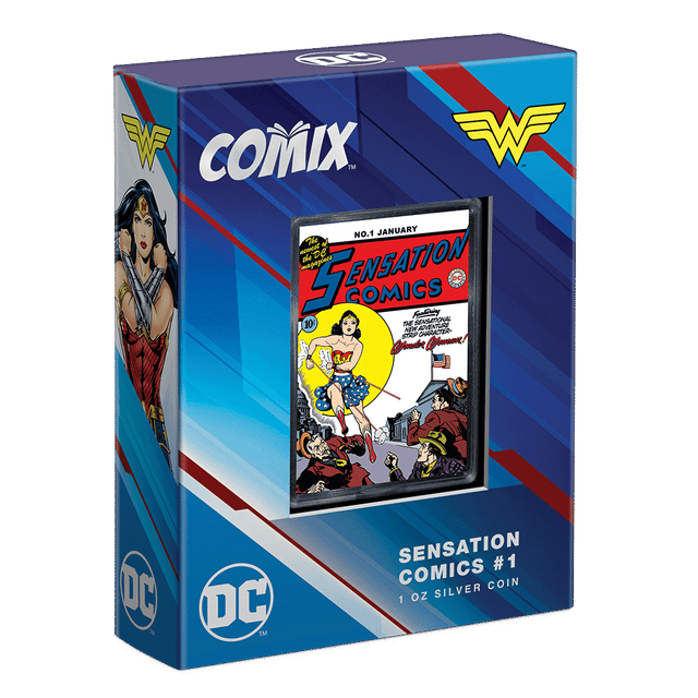 COMIX™ – Sensation Comics #1 1oz Silver Coin Featuring Custom Packaging with Display Window and Certificate of Authenticity Sticker. 