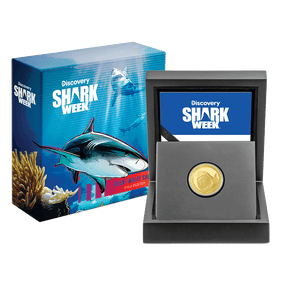 Discovery™ Shark Week™ - Great White Shark 1/4oz Gold Coin With Custom Wooden Display Box and Outer Box Featuring Imagery from the Series and Certificate of Authenticity.