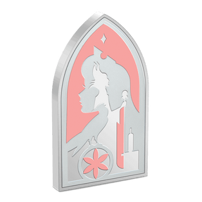 Limited to only 1,959 coins, a further reminder of this special anniversary. 1oz of pure silver featuring mirror-finish, frosting, and a touch of gloss enamel pink. The design highlights an iconic pairing of ‘Good vs. Evil’ displaying silhouettes of Disney’s Aurora and Maleficent. The coins shape is inspired by gothic architecture as seen in Disney Aurora’s castle.