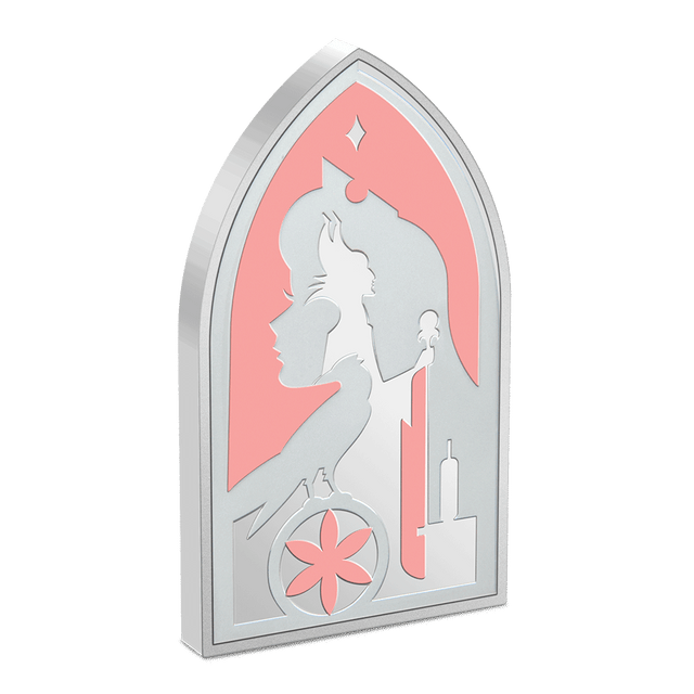 Limited to only 1,959 coins, a further reminder of this special anniversary. 1oz of pure silver featuring mirror-finish, frosting, and a touch of gloss enamel pink. The design highlights an iconic pairing of ‘Good vs. Evil’ displaying silhouettes of Disney’s Aurora and Maleficent. The coins shape is inspired by gothic architecture as seen in Disney Aurora’s castle.