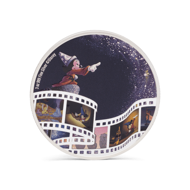 Step into the enchanting world of Disney's Fantasia with this grand 3oz pure silver coin. Includes a coloured image of the Sorcerer's Apprentice sequence featuring Mickey Mouse. The mirror finish shows more scenes and characters from the film. - New Zealand Mint