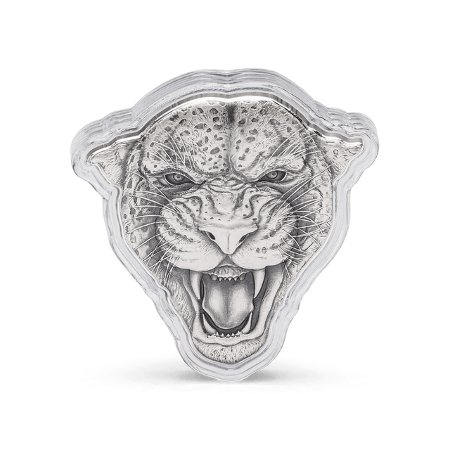 The elusive feline, the Leopard, features on this exquisite 2oz pure silver coin. Features the head of a leopard with its terrifying gaze and growl. The leopard’s facial features and spotted fur are depicted with a beautiful antique finish. - New Zealand Mint