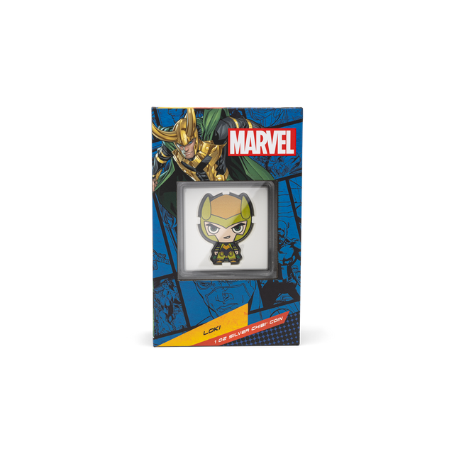 This Marvel Chibi® Coin is made of 1oz pure silver to show this Asgardian Prince wearing his green and gold armour, cape and horned helmet. Relief has been added to enhance the striking design. | NZ Mint