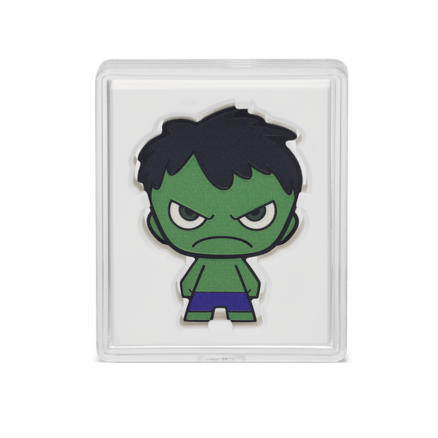Marvel’s mean, green, rage machine, The Incredible Hulk smashes onto this MEGA-size Chibi® Coin! Made of 2oz pure silver and fully coloured and shaped to show Hulk ready to fight! Some relief has been added to give an epic 3D effect.