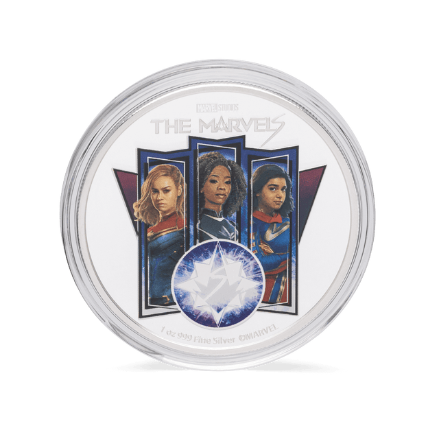 Captain Marvel, Monica Rambeau and Ms Marvel team up to save the universe on this 1oz pure silver coin. Features Marvel Studios’ The Marvels in striking colour. Only 2,023 available worldwide! - New Zealand Mint